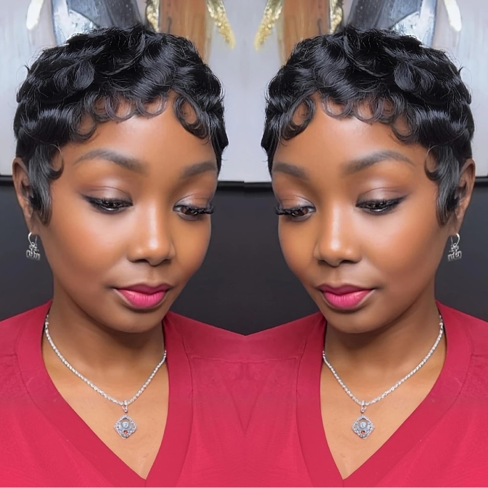 NEW LuxeSilky Short Pixie Cut Wavy Human Hair Wig in Black